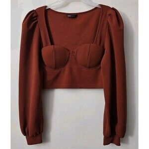 Shein Blouse Womens XL 12US Rust Orange Cropped Babydoll Corset Top Puff Sleeve